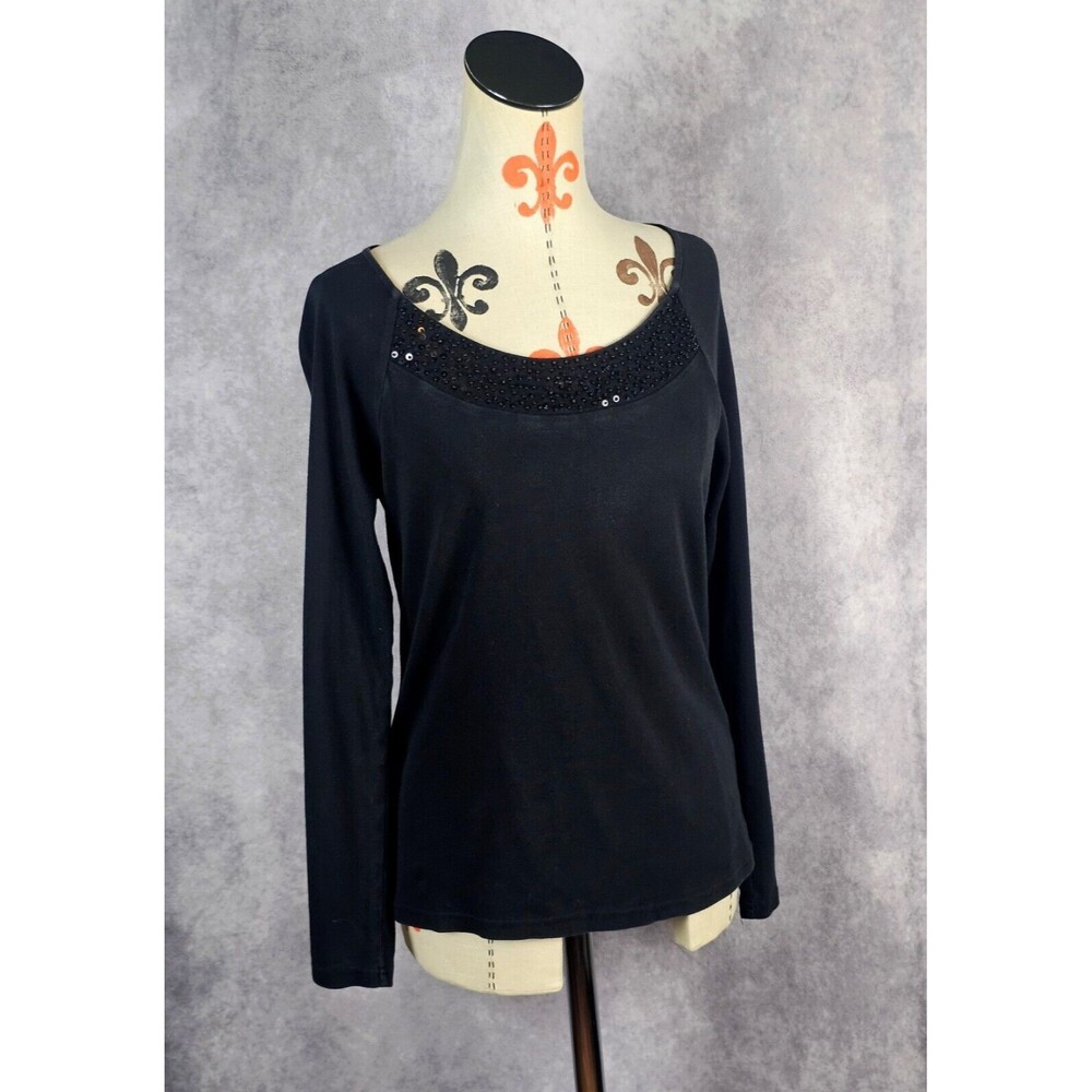 VTG Talbots Womens M Black Cotton Long Sleeve Top Tee Black Sequins